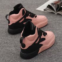 Hong Kong Tide brand high-help sports board shoes women 2021 autumn and winter New Korean version of Joker round head plus velvet high heel small white shoes