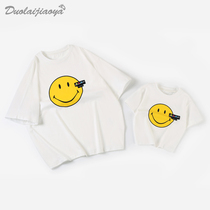 Pro-child clothing t-shirt smiling face round neck baby slapped bottom-shirt printed mother-daughter dress Chardress white t casual parent-child short sleeve