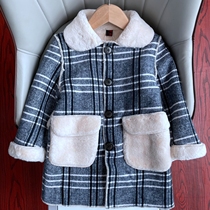 Childrens lapel one plus velvet single-breasted tweed coat girl boy autumn and winter soft casual striped coat