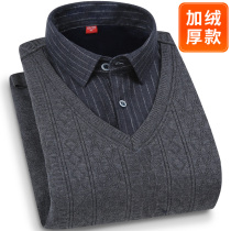 Winter middle-aged and old fake two warm shirts mens long sleeves plus velvet padded shirt collar