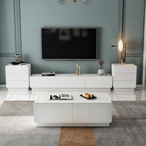 Living room simple modern small apartment white paint floor cabinet solid wood tempered glass TV cabinet tea table combination set