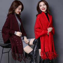 Cashmere bat-type tassel with sleeves red scarf autumn and winter thick Womens shawl style outside wedding cheongsam coat