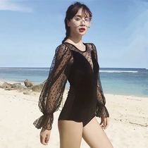 Black swimsuit female summer one-piece Korean ins sexy lace gathered long sleeves conservatively cover belly look thin seaside swimsuit