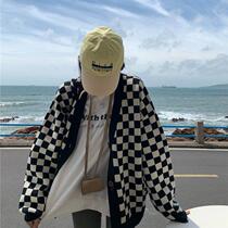 Wasteland 2021 Autumn and Winter Korean Retro Jacket Lazy Wind V-neck Sweater Loose Joker Plaid Knitted Cardigan Women