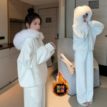 Pregnant women winter suit fashion autumn and winter Net red ocean air hooded plus velvet sweater loose leisure spring and autumn two-piece set