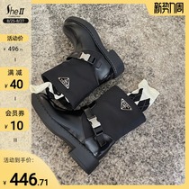  (sheii Su Yinyin)Fashionable fine ~ Retro black triangle standard autumn mid-tube boots casual womens booties spring and autumn