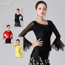 2021 New coat Latin dance modern dance academy group practice uniform thick ice silk cloth hot diamond lotus leaf sleeve