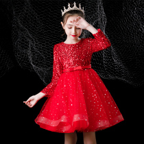Childrens dress red birthday princess dress foreign flower girl wedding host piano sequin puff dress performance autumn