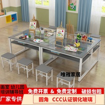 Painting table art table training tempered glass double-layer desks and chairs Primary School students color calligraphy learning table