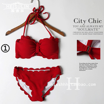 Red bikini 2021 New lace-up bow neck sexy gathering Lady split hot spring swimsuit Korea