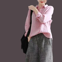  Export foreign trade original single big-name womens tail goods autumn cotton and linen shirt plaid long-sleeved top casual linen shirt
