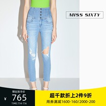 Miss Sixty summer jeans womens four-button ultra-high waist light-colored hole letter print tight