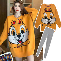 Pregnant women sweater autumn and winter fashion model 2021 New Korean cartoon large size long loose knitted top set