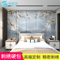 Modern Chinese flowers and birds silk cloth embroidery hard bag bedside background wall living room sofa light luxury soft bag customization