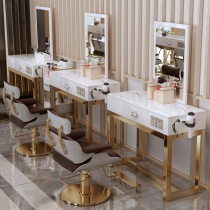 Barber shop net red double-sided mirror Marble beauty salon mirror Single-sided solid wood floor ironing and dyeing plus LED lights