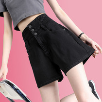 Black denim shorts womens summer thin section 2021 new loose thin straight pants high waist breasted a-line hot pants