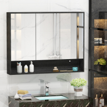  Solid wood bathroom mirror cabinet Wall-mounted bathroom Nordic mirror with shelf light Toilet mirror box dressing storage