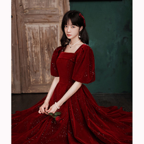Wine red little man summer toast dress bride thin socialite wedding dress women can usually wear velvet red dress