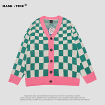 MASKTIDE Spring and Autumn Tide Brand V-Collar Board Plaid Cardigan Sweater Men and Women Hip Hop Couple Loose Knit Tide