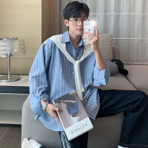 Hualun autumn high-end mens fake two-piece long-sleeved shirt mens striped casual shirt trend loose Korean version