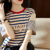 A D Hepburn youth reduced age navy style blouse female letter print short sleeve cotton stripes fashion T-shirt