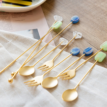 Spot 1 D. Japan imported high Mulberry metal gem stainless steel spoon snack fork stirring rod coffee spoon