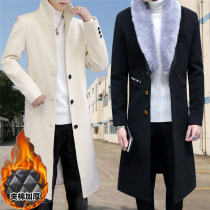 Winter days thick wool woolen woolen coat male size Young long solid color warm plus velvet knee jacket trench coat