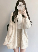 Medium long section Mahai Mao v collar sweater jacket female spring and autumn retro day department Lazy Wind loose hollowed-out knitted cardiovert