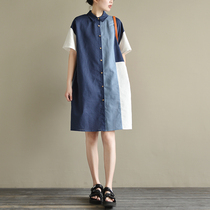 Maternity summer wear lapel patchwork linen short sleeve loose large size medium long thin shirt dress small fresh