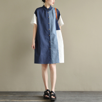 Maternity summer wear lapel patchwork linen short sleeve loose large size medium long thin shirt dress small fresh