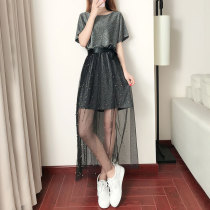 Dress goddess Fan temperament waist thin casual mesh lace two-piece suit skirt summer new 2021