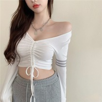 2021 autumn new Korean version of drawstring V-neck bottoming shirt long-sleeved T-shirt tight-fitting machine strap patchwork striped top