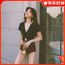 2022 new swimsuit womens backless sexy one-piece triangle cover belly show thin Korean conservative retro hot spring swimsuit