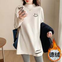 Out of breast-feeding clothes semi-high collar white long sleeve T-shirt autumn and winter long loose de Velvet thick feeding base shirt