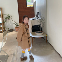 Men and women childrens horn buckle woolen coat 2021 autumn and winter new foreign baby medium long double woolen wool coat
