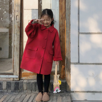 Girls Korean version Double face cashmere big coat 2021 autumn Winter Childrens clothes foreign air baby with a long fur coat red