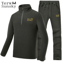 Autumn Outdoor Fleece Mens Long Sleeve Pullover Half Chest Zipper Warm Fleece Pants Set Sports Pants