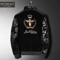 High-end men's winter cotton-padded jacket gold velvet Korean embroidery coat padded collar cotton-padded jacket European station short