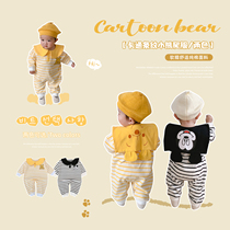 sarakids ultra cute baby spring dress conjoined clothes male and female baby cute two color striped cartoon little bear climbing to wear