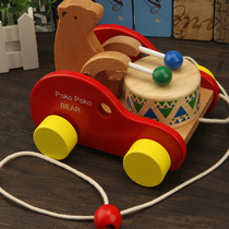 Childrens intellectual wooden drag Walker 2-3-6 year old baby pull wire small trailer toy bear drum car