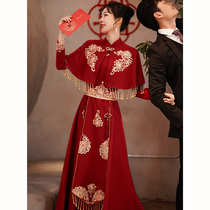 Chinese toast service bridal cheongsam 2021 new wedding beautiful dress wine red shawl dress women long sleeve winter