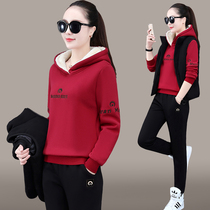 Thick plus velvet sports suit women autumn and winter 2021 New hooded lamb plush sweater casual waistcoat three-piece set