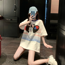 South Korea cute big white rabbit t-shirt womens short-sleeved 2021 new Korean version loose fat mm medium-long round-neck top summer