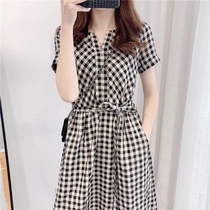 Sandro Moscoloni French temperament plaid dress womens 2021 summer new high-end cotton and linen long dress