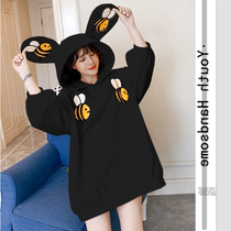 Plus Fat Increase Code Gestation Woman Dress Autumn Winter Style blouse Fashion Lions Cap Cartoon Plus Suede Coat Jacket Mid-Length 200