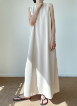 QINGLING summer minimalist drape refreshing thin and high two-color ultra-long temperament round neck sleeveless dress female