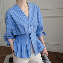 Small European goods shirt chic top female design sense niche French blue striped shirt summer 2021 New
