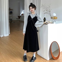 Pregnant women autumn dress temperament fake two-piece Fashion Net red 2021 New Tide sweater stitching long skirt