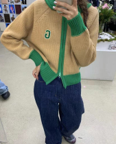 South Korea GROVE wool color matching double zipper sweater women's cardigan 2022 new casual fashionable sweater coat
