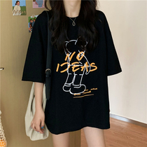 Lazy wind loose medium long ins net red super fire black short-sleeved cotton T-shirt womens summer 2021chic top